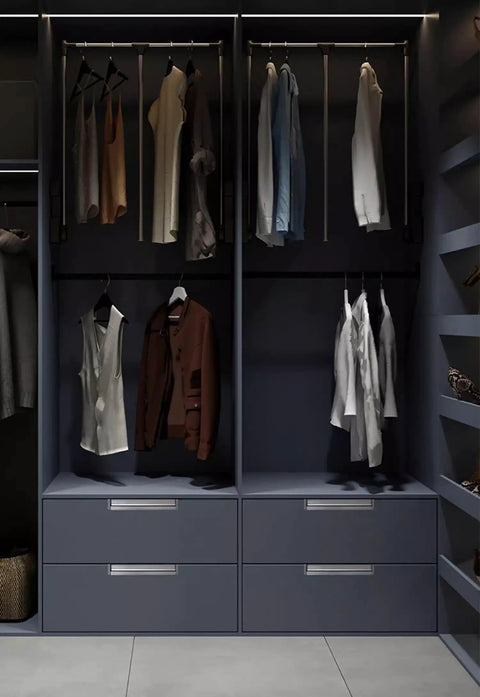 Modern closet with sleek black hidden cabinet drawer pulls handle concealed aluminum alloy pull for cabinets and sliding doors.