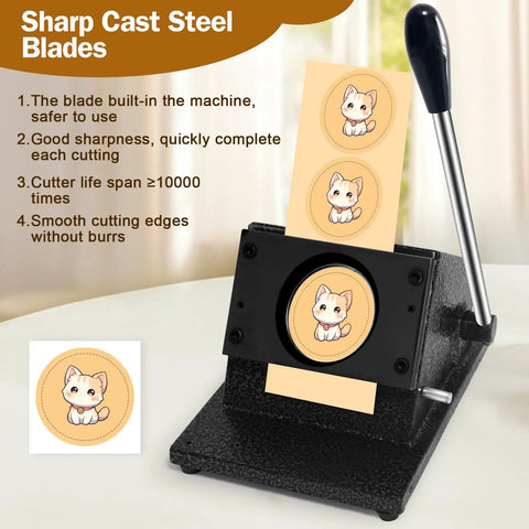 Button Making Circle Cutter For Die Cut Machines 1.73 Inch Circle Diameter 44mm with badge examples and cast steel blades
