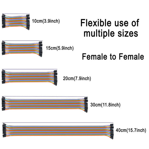 Colorful Breadboard Jumper Wires Kit 120 Pcs 40 Pin Dupont Cables M-F M-M F-F sizes 10-40 cm Female to Female view