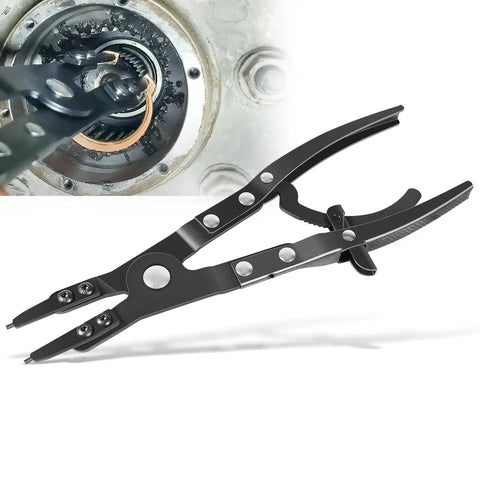 Ford Super Duty Spindle Snap Ring Pliers 2007 And Newer for easy removal and installation of spindle snap rings, shown in use and close-up view.