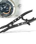 Ford Super Duty Spindle Snap Ring Pliers 2007 And Newer for easy removal with smooth ratcheting mechanism shown in use on truck part.