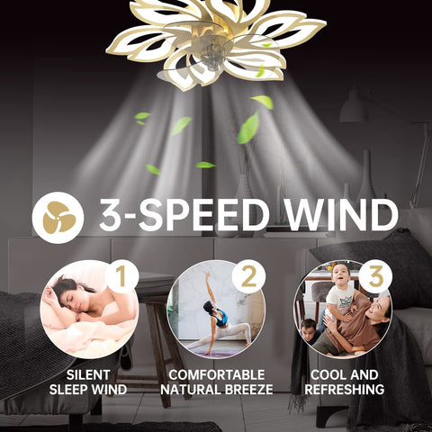 Bladeless Ceiling Fan With Lights And Remote Control 25 Inch LED Flush Mount Golden Finish 72W Modern Flower Shape Design showcasing 3-speed wind settings for kids room and bedroom.