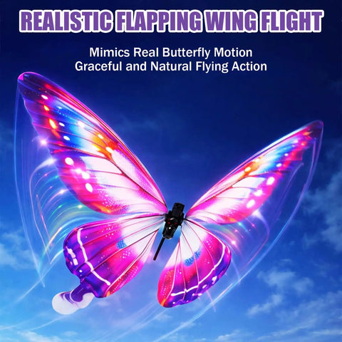 Flying RC Butterfly Drone With LED Light And Realistic Bionic Wing Flap Motion in purple with glowing LED lights.