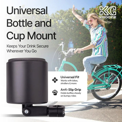 Deluxe Stainless Steel Cup Holder For Bikes Strollers Wheelchairs ATVs And More Universal Clamp Fits Five Eighths To One And Three Eighths Inch Bars Holds Up To Forty Eight Ounces Keeps Drinks Upright On Vertical Or Angled Bars shown mounted on bike in use by cyclist.