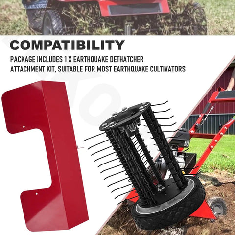 High Efficiency Dethatcher Attachment Kit For Lawn Cultivators That Quickly Removes Thatch And Weeds, shown in red and black.