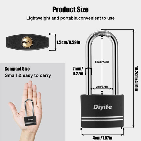 Aluminum Padlock With Key 2 Pack Waterproof And Rustproof Long Shackle Locks For Outdoor Use with hand for scale; Diyife brand