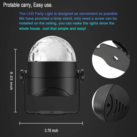 Dimensions of Disco Ball Party Lights With Remote, Sound Activated DJ Stage Strobe, 7 Color LED Lighting In Red Green Blue.