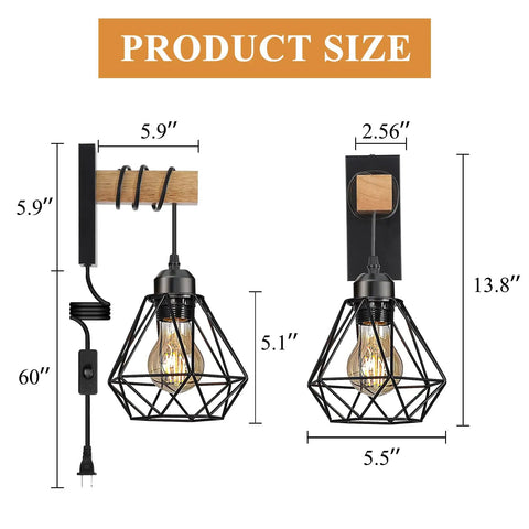 Plug In Wall Sconce Set Of Two With Wood Arm And Diamond Cage Shade Black Rustic Farmhouse Lighting For Bedroom Bedside Or Living Room Corded Plug In Design With 70.8 Inch On Off Switch Cord Two Pack, dimensions annotated
