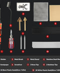 100W Plastic Welding Kit With Soldering Tips displaying components including welder, brass and stainless tips, rods, and screwdriver
