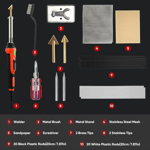 100W Plastic Welding Kit With Soldering Tips displaying components including welder, brass and stainless tips, rods, and screwdriver