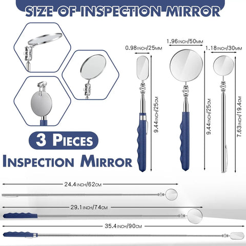 Three Piece Telescoping Inspection Mirror Set With 50mm 25mm And 30mm Heads Round And Oval Mirrors Extendable Handle Handy For Tight Spaces DIY Auto Home Tool Kit Must Have, three mirrors