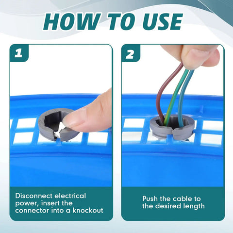 No Fuss 120 Gray Push In Wire Connectors For Nonmetallic Cable Wiring 3/8 To 1/2 Inch, installation guide showing wire insertion.