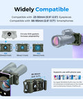 360 Degree Rotatable Telescope Phone Adapter for Android and iPhone shown with compatibility details and smartphone sizes.