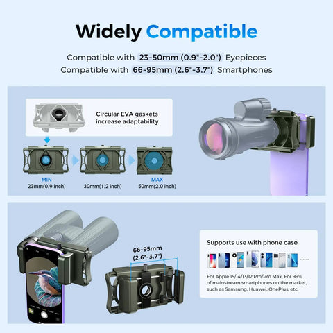 360 Degree Rotatable Telescope Phone Adapter for Android and iPhone shown with compatibility details and smartphone sizes.