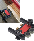 Premium Roller Table Saw Feeder For Woodworking Bench With Anodized Aluminum Base And Flexible Polyurethane Wheels showing top and side views.