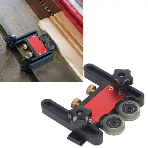 Premium Roller Table Saw Feeder For Woodworking Bench With Anodized Aluminum Base And Flexible Polyurethane Wheels showing top and side views.