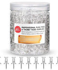Legit Durable Push Pins 600 Count Standard Thumb Tacks With Kickass Steel Points And Clear Rounded Tops in a jar, ideal for bulletin boards.