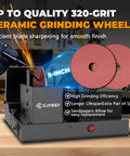 Heavy Duty Lawn Mower Blade Sharpener And Grinder, 5 Inch Ceramic Wheel, showing 5-inch ceramic grinding wheel with sparks.
