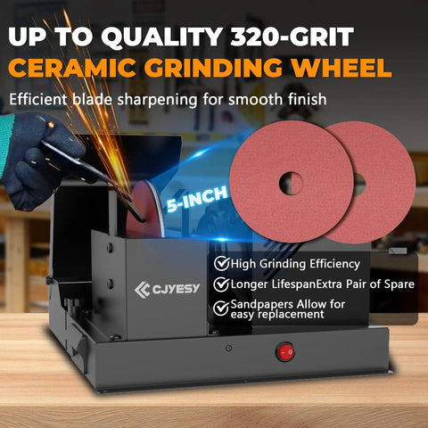 Heavy Duty Lawn Mower Blade Sharpener And Grinder, 5 Inch Ceramic Wheel, showing 5-inch ceramic grinding wheel with sparks.