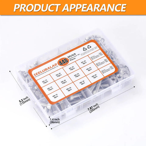 Clear plastic box containing Beefy Heavy Duty 448 Pcs Metric Hex Bolt And Nut Assortment Set M5 M6 M8 Stainless Steel.