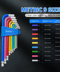 Color Coded Metric Allen Key Set 9 Piece Pro Grade Hex Keys Made From Hardened 6150 Chrome Vanadium Steel For Tough Durability And Corrosion Resistance Includes 1.5 2 2.5 3 4 5 6 8 10 Mm, color-coded size chart