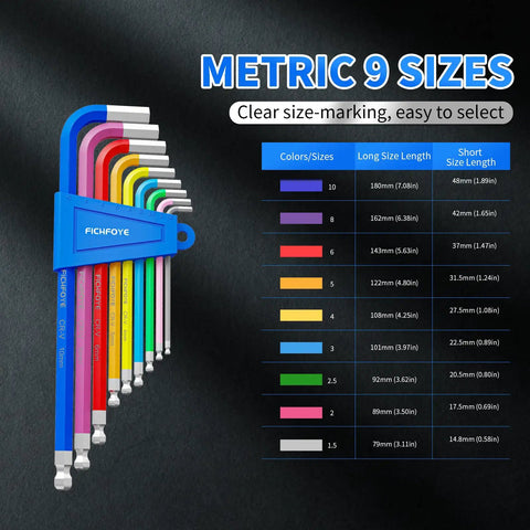 Color Coded Metric Allen Key Set 9 Piece Pro Grade Hex Keys Made From Hardened 6150 Chrome Vanadium Steel For Tough Durability And Corrosion Resistance Includes 1.5 2 2.5 3 4 5 6 8 10 Mm, color-coded size chart