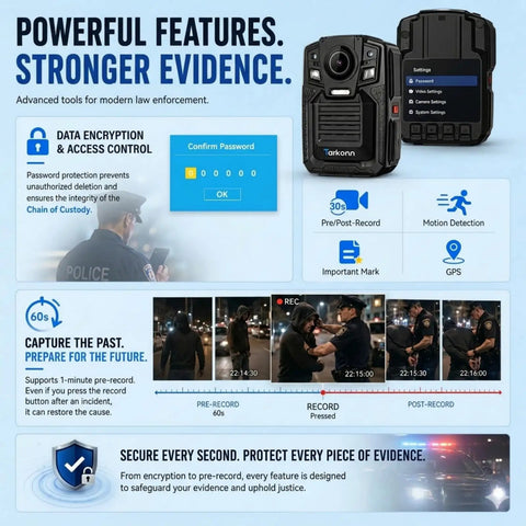 4K Body Camera With Gps And Night Vision For Police Usa, showcasing advanced features like GPS, encryption, and pre-record options.