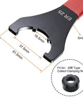 Close-up of ER25UM Collet Chuck Wrench Spanner for CNC Milling Lathe Clamping Nut, showing dimensions and red non-slip handle.