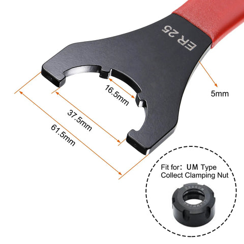 Close-up of ER25UM Collet Chuck Wrench Spanner for CNC Milling Lathe Clamping Nut, showing dimensions and red non-slip handle.