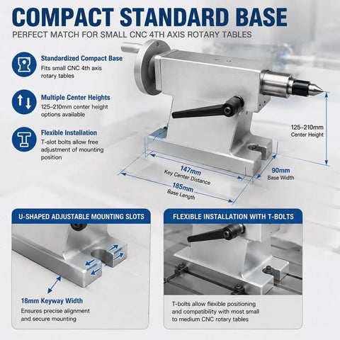 Solid Build Lathe Tailstock With Mt3 Taper And Rotary Live Center 40mm Stroke 40Cr Spindle Side Lock Clamp For Cnc Machining Shop displayed on a CNC rotary table.