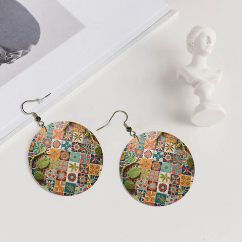 Fresh Grid Print Dangle Earrings for Women Lightweight Silver Plated Faux Leather Statement Drops With Hypoallergenic Rust Proof Hooks slaying casual daily looks. Circular dangle earrings with colorful grid pattern.