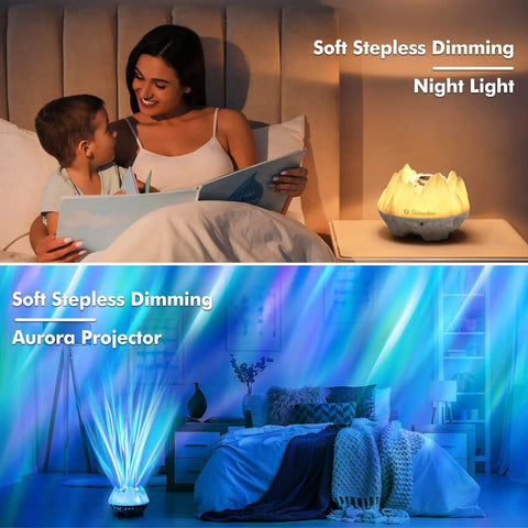 4 In 1 Northern Lights Aurora Projector With Bluetooth Speaker And White Noise Machine Galaxy Starry Sky Night Light in bedroom setting