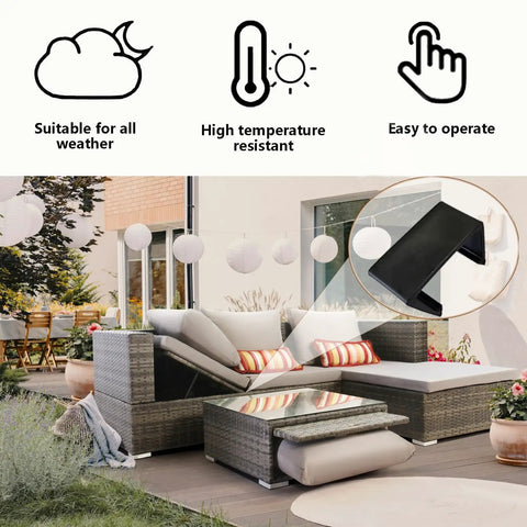 Outdoor wicker sofa with 12 Pack Outdoor Patio Furniture Clips For Wicker Sectionals And Sofas Keeps Your Lounge Set From Slipping Rattan Connector Clamps And Chair Fasteners In Black, shown in use on a garden patio.