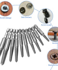 10 Piece Broken Screw Extractor Set For Stripped Screws And Busted Bolts Drill Bit Kit With Quarter Inch Hex Shank Easy Out Remover Includes Five Sizes One To Five displayed with various damaged screw images