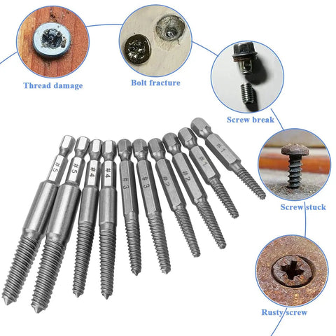 10 Piece Broken Screw Extractor Set For Stripped Screws And Busted Bolts Drill Bit Kit With Quarter Inch Hex Shank Easy Out Remover Includes Five Sizes One To Five displayed with various damaged screw images
