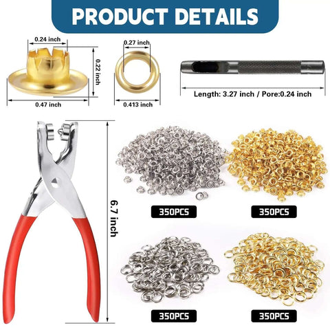 All In One 1403 Piece Grommet Kit With One Quarter Inch Grommets Eyelet Punch Pliers Hole Punch Storage Box detailing dimensions and components