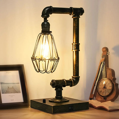 Dope Steampunk Table Lamp With USB Ports, Industrial Desk Lamp In Bronze Metal Finish, Dimmable Three Brightness Levels Via Rotary Switch
