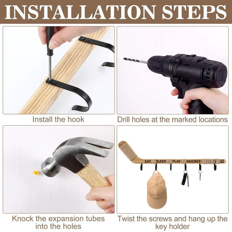 Installation steps for Top Shelf Hockey Stick Coat Rack Featuring Six Rock Solid Hooks, showing hooks, drilling and mounting process.