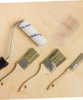 Real Deal Silicone Cutting Board Oil Wax Applicator Brush For Zero Hassle Kitchen Maintenance And Wooden Utensil Care Food Grade Mineral Oil Finishing Tool Smooth Operator No Rush Setup with brushes and roller on wood.
