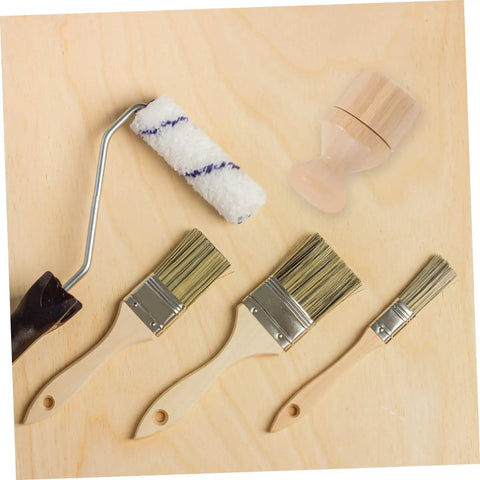 Real Deal Silicone Cutting Board Oil Wax Applicator Brush For Zero Hassle Kitchen Maintenance And Wooden Utensil Care Food Grade Mineral Oil Finishing Tool Smooth Operator No Rush Setup with brushes and roller on wood.