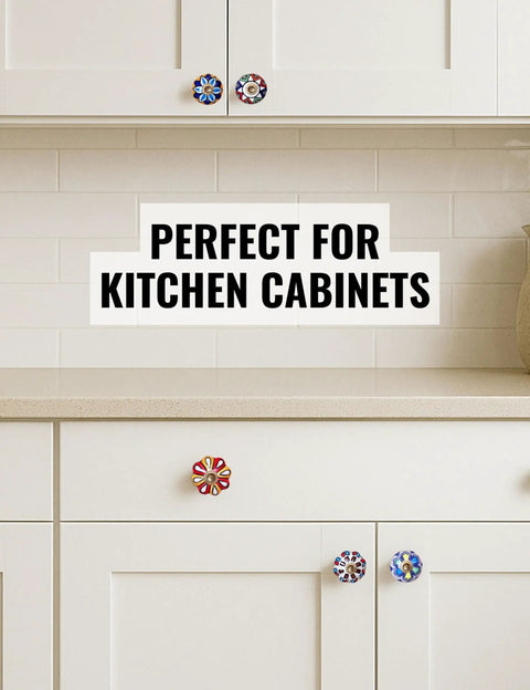 Get Ready For Major Furniture Glow Ups With Our 12 Pack Of Decorative Ceramic Drawer Pulls For Kitchen Cabinets And Bathroom Vanities Featuring Hand Painted Glazed Details That Are Super Tough And Bring Instant Boutique Vibes Just Swap Them On - colorful ceramic drawer pulls on white kitchen cabinets.