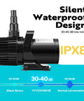 Side view of Beefy Submersible Pond Pump 100W 1600GPH with 180 degree adjustable nozzle, durable ABS body, IPX8 waterproof