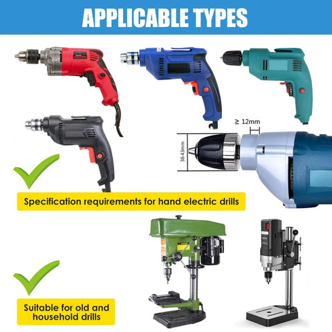 Heavy Duty Square Hole Drill Bit Adapter With Four Precision Bits, Pro Level Mortising Attachment For Drill Press, Tool Free Quick Mount Bracket, Knock Out Perfect Woodworking Joints Without The Hassle, showcasing compatible hand drills.