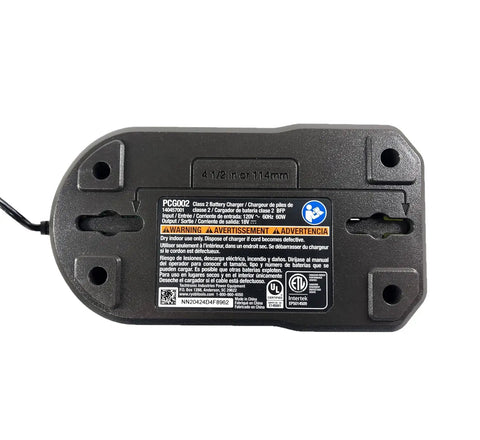 Bottom view of 18V Corded Battery Charger for PCG002 Style Batteries with indicator lights, wall mountable, bulk packaged, no retail packaging.