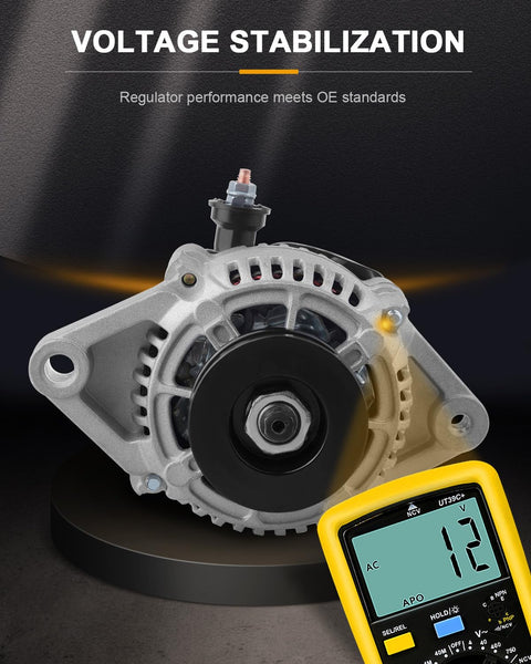 Drop-In Replacement Mini Alternator With Chrome Finish 12180-SEN And 1-2119-11ND shown with voltage stabilizer display