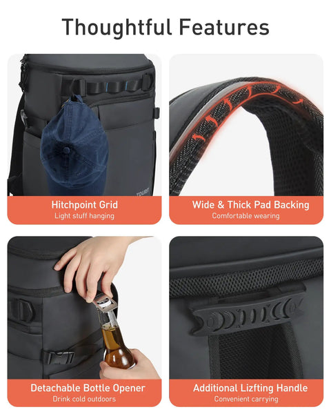 Forest Green Backpack Cooler With Dual Insulated Compartments Keeps 38 Cans Cold All Day, leak proof and waterproof soft cooler bag shown with features like hitchpoint grid, padded backing, detachable bottle opener, and lifting handle.
