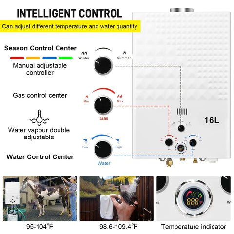 Propane Tankless Water Heater On The Go 4.21GPM 16L Portable Outdoor Gas Hot Water Heater with digital display, controls, and settings.
