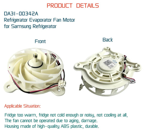 Front and back view of Evaporator Fan Motor For Refrigerator DA31 00342A OEM Replacement Plug And Play Ready