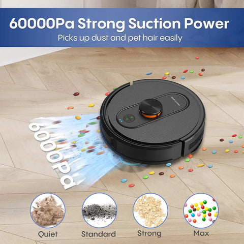 Robot Vacuum And Mop Combo With 6000Pa Monster Suction LiDAR Navigation Self Emptying Dock cleaning debris on wood floor