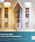 Side-by-side closet lighting with Motion Sensor Ceiling Lights Battery Powered Easy Install Indoor Motion Activated LED Ceiling Lights For Closet Hallway Pantry Laundry Stairs Garage Bathroom Shower Porch Shed Wall 300LM White